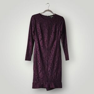 Lauren Ralph Lauren Dress Womens 2 Purple Sheath Dress Allover Lace Overlay‎